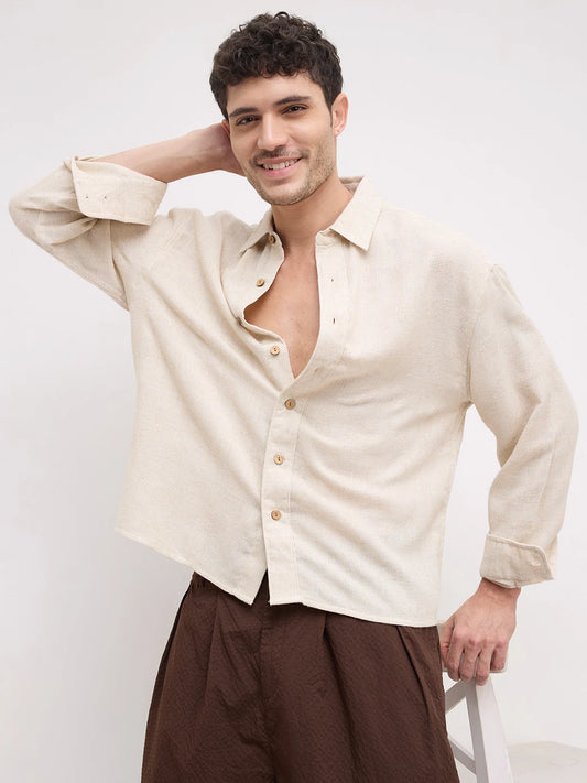 Sunbaked Canvas Loom Textured Boxy Fit Crop Shirt