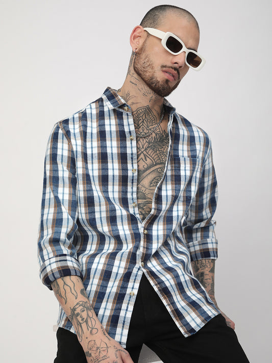 Denim White & Navy Plaid Checks Shirt
