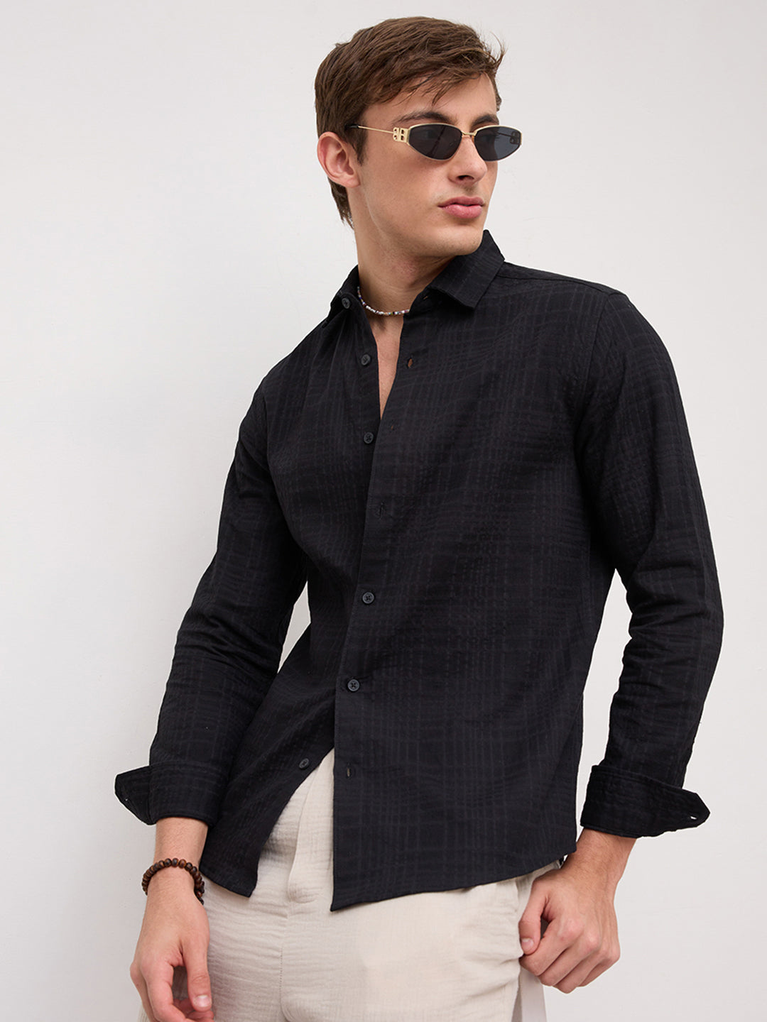 Plush Black Ledger Checks Double Cloth Shirt