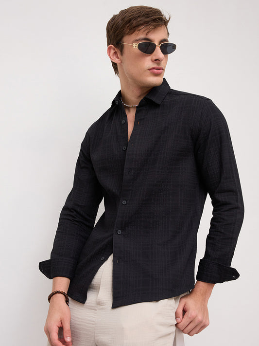 Plush Black Ledger Checks Double Cloth Shirt