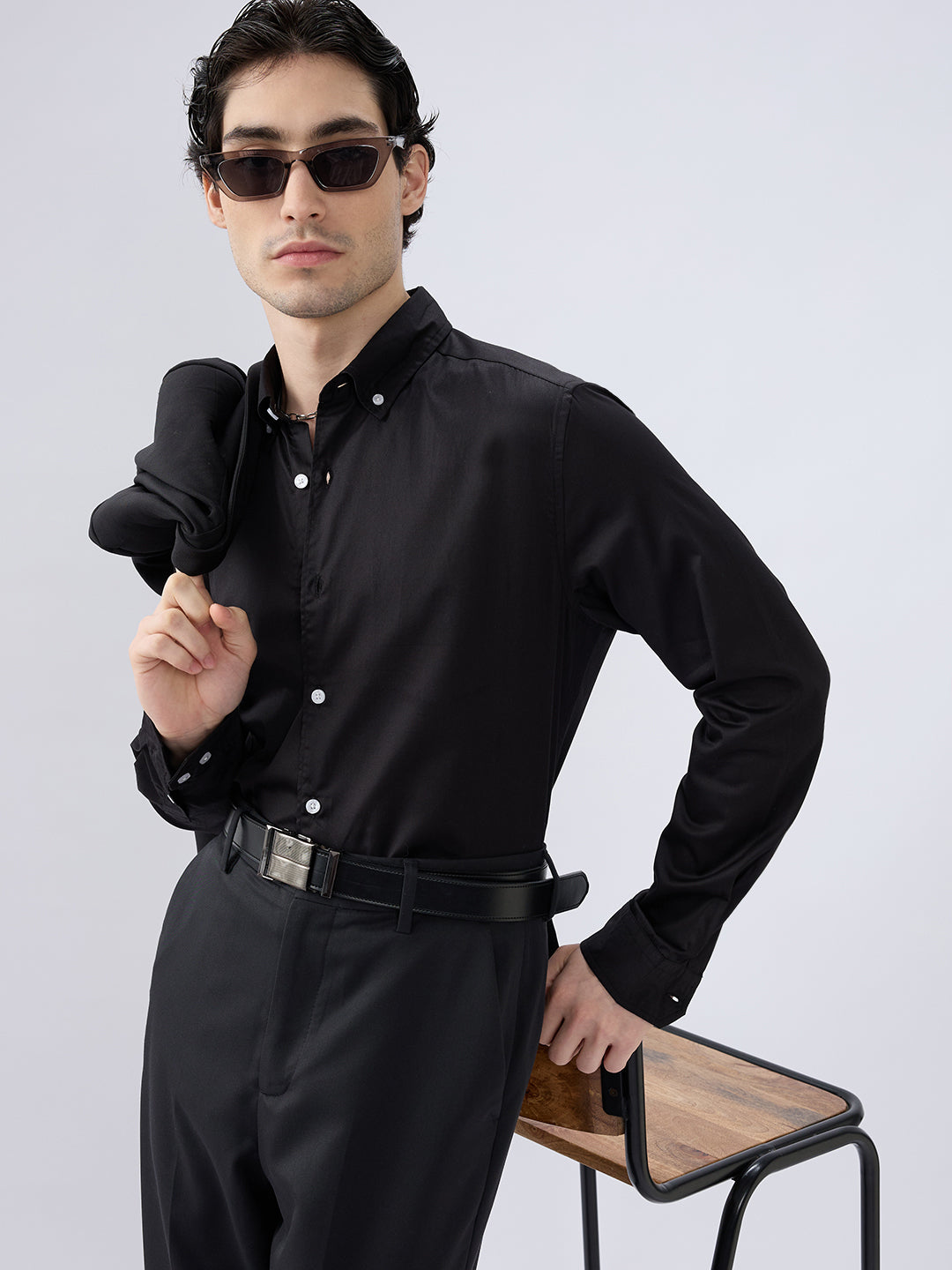 Jet Black Satin Button-Down Collar Luxe Shirt