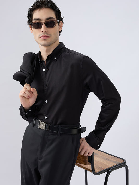 Jet Black Satin Button-Down Collar Luxe Shirt