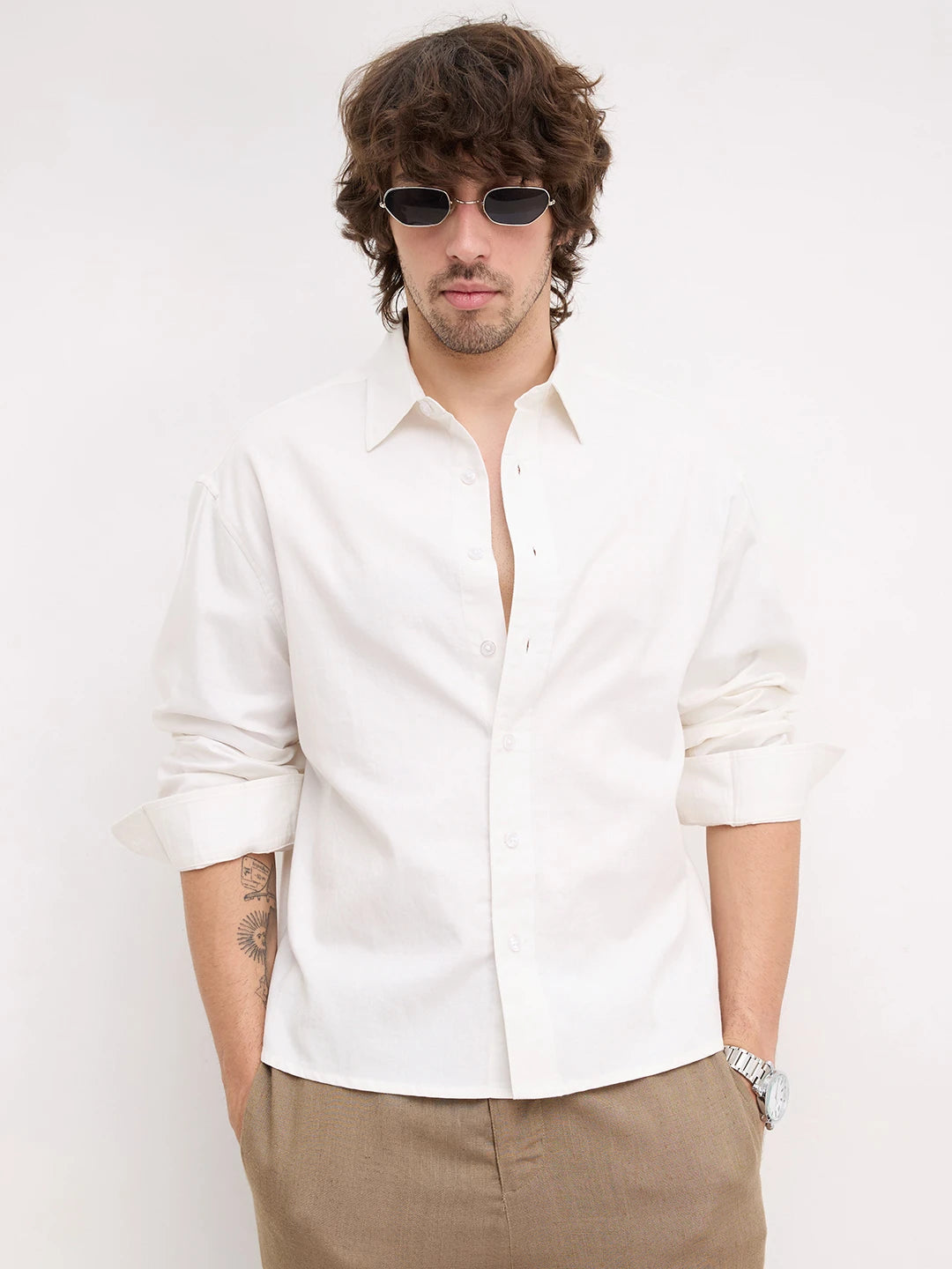 Pure White Herringbone Textured Boxy Fit Crop Shirt