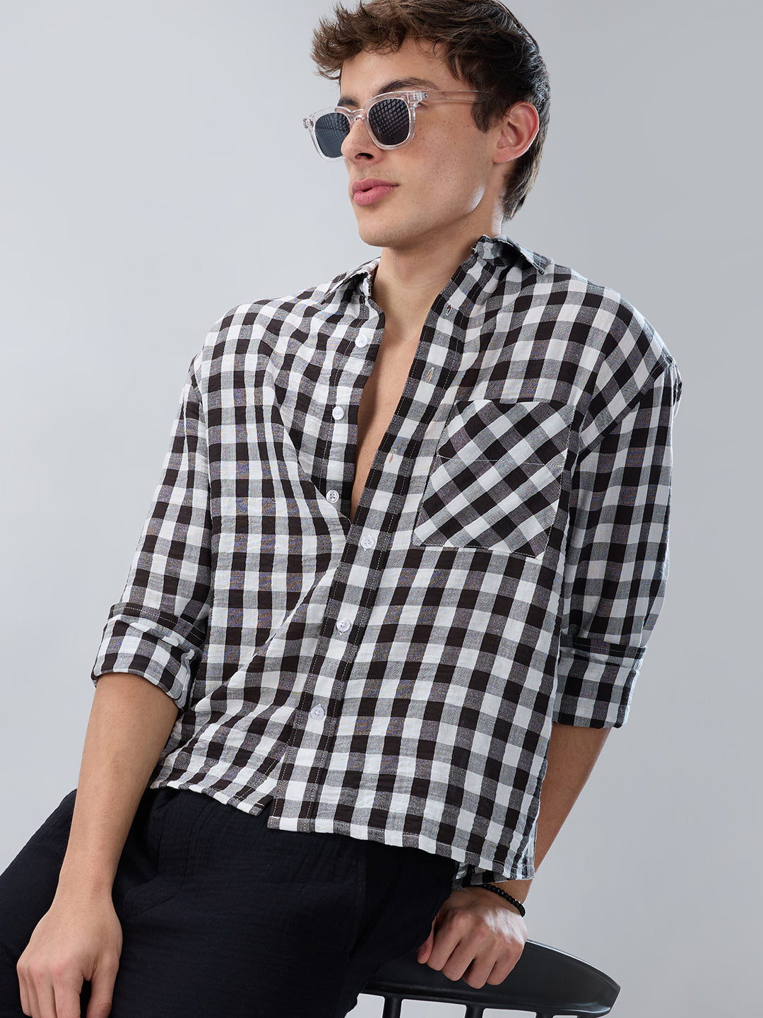 Slushy Monochrome Ghingam Checks Boxy Fit Crop Shirt