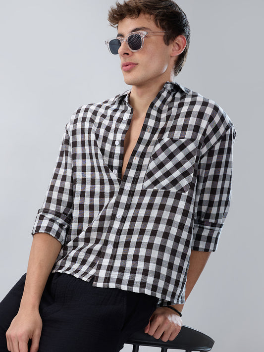Slushy Monochrome Ghingam Checks Boxy Fit Crop Shirt