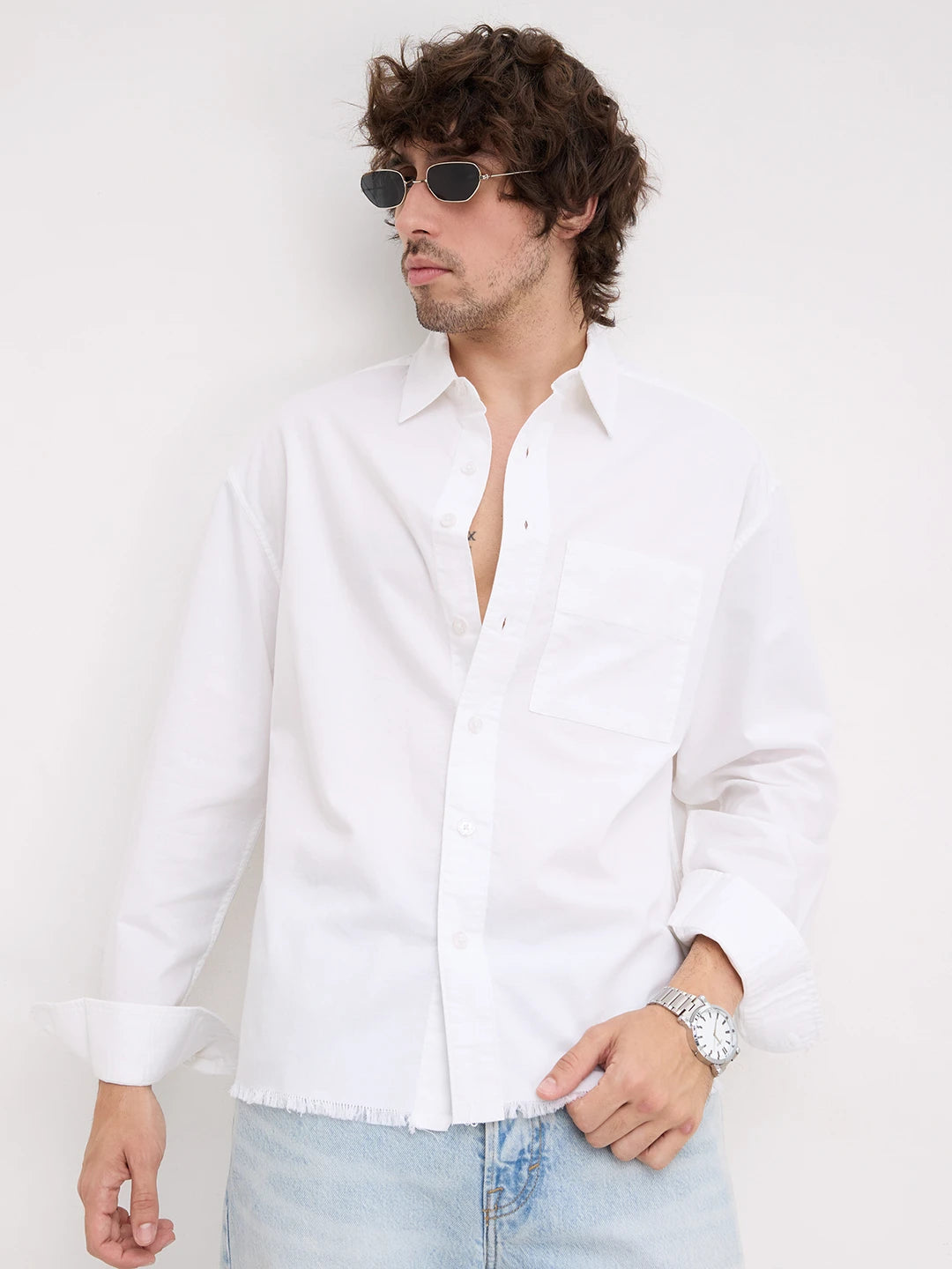 Solid Pearl White Oxford Distressed Hem Boxy Fit Crop Shirt