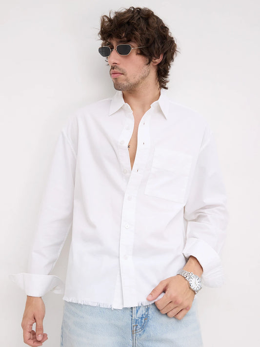 Solid Pearl White Oxford Distressed Hem Boxy Fit Crop Shirt