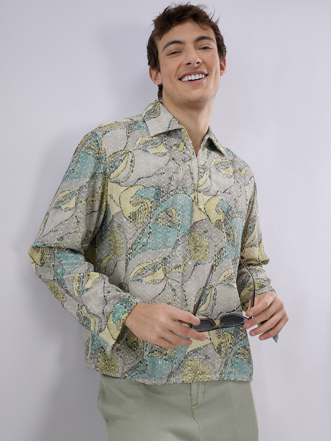 Utsav Spark Grey Sequin Embroidered Cuffless Oversized Shirt