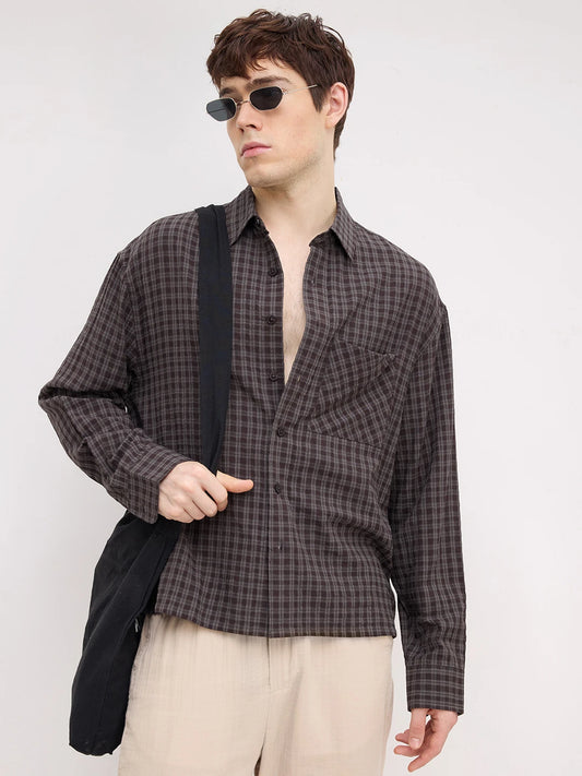 Brown & Grey Shadow Atelier Checked Boxy Fit Crop Shirt