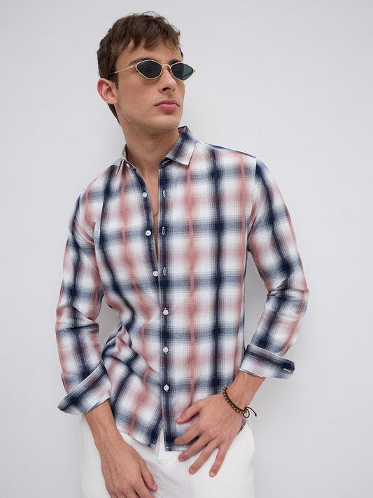 Premium Navy & Pink Textured Plaid Checks Shirt