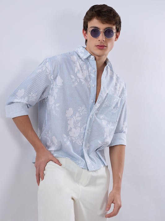 Blue & White Contemporary Floral Boxy Fit Crop Shirt