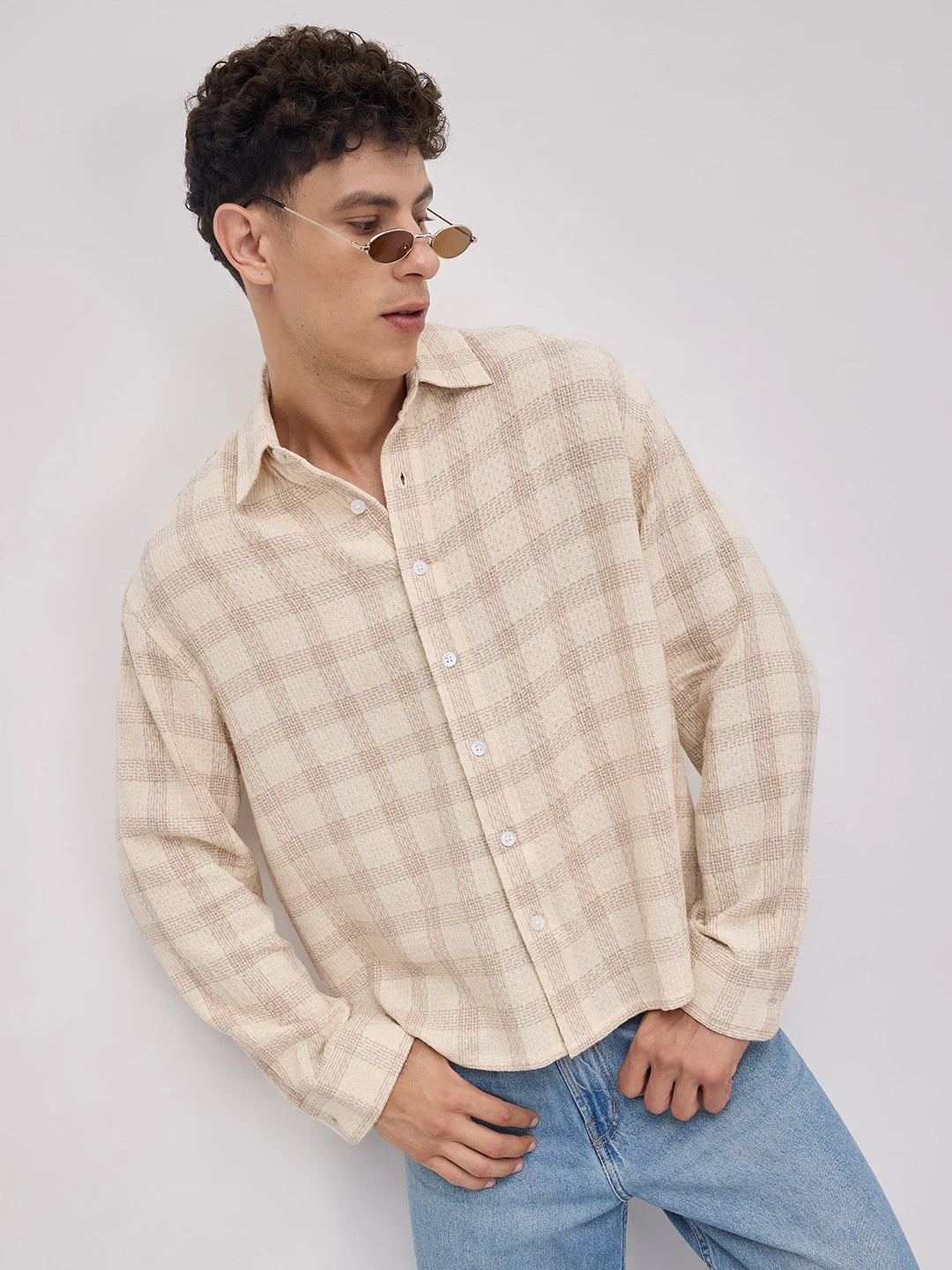 Sand Beige Honeycomb Grid Weave Boxy Fit Crop Shirt
