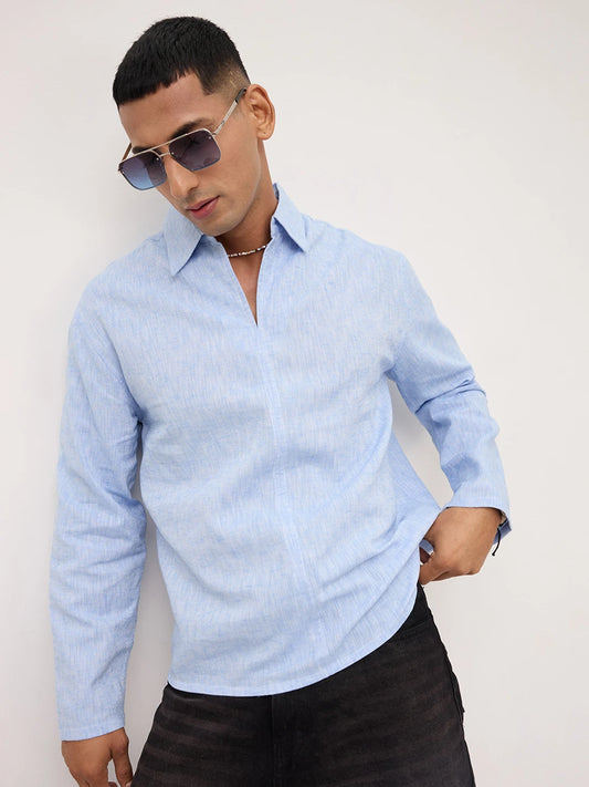 Soft Blue Textured Center Seam Oversized Polo Shirt