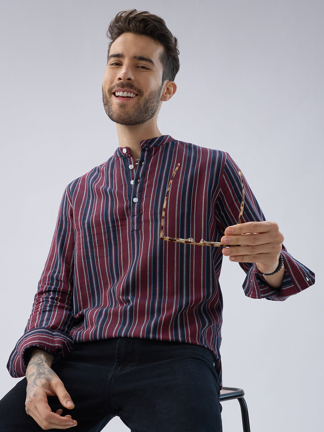 Classic Maroon & Navy Stripes Kurta