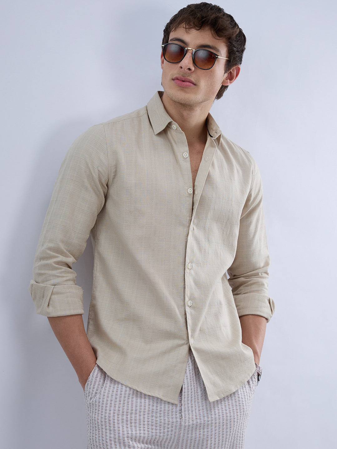 Bone Beige Textured Weave Shirt