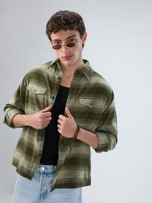 Forest Olive Grid Double Pocket Flannel Shirt