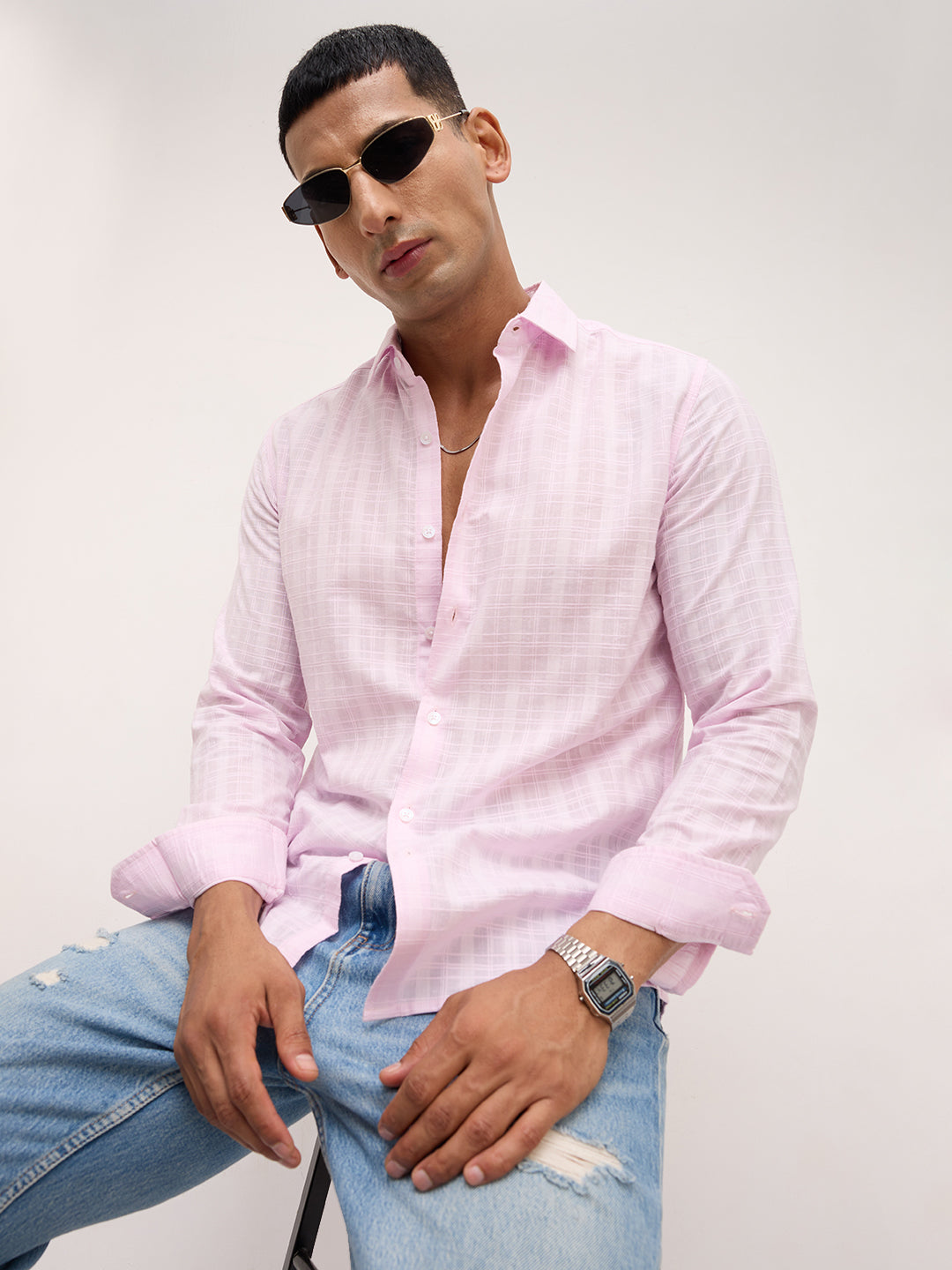 Soft Blush Pink Sheer Windowpane Checks Textured  Weave Shirt