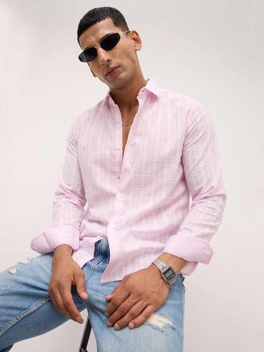 Soft Blush Pink Sheer Windowpane Checks Textured  Weave Shirt