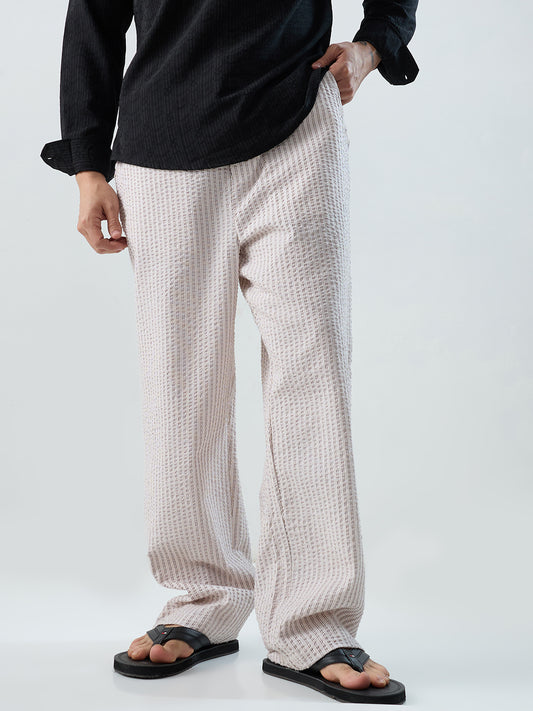 Beige & Brown Seersucker Stripes Straight-Fit Trousers