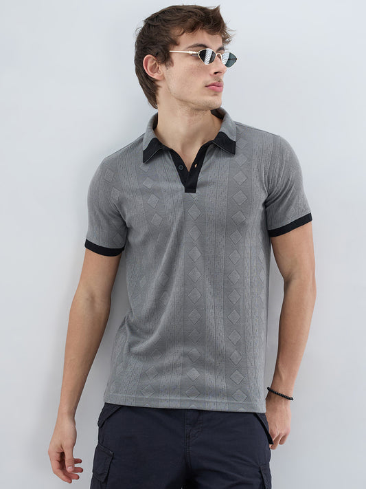 Zinc Grey Contrast Polo Neck Diamond Weave Knit T-shirt