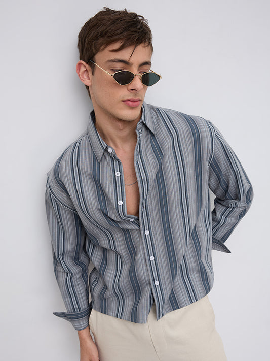 Slate Blue Multi Striped Boxy Fit Crop Shirt