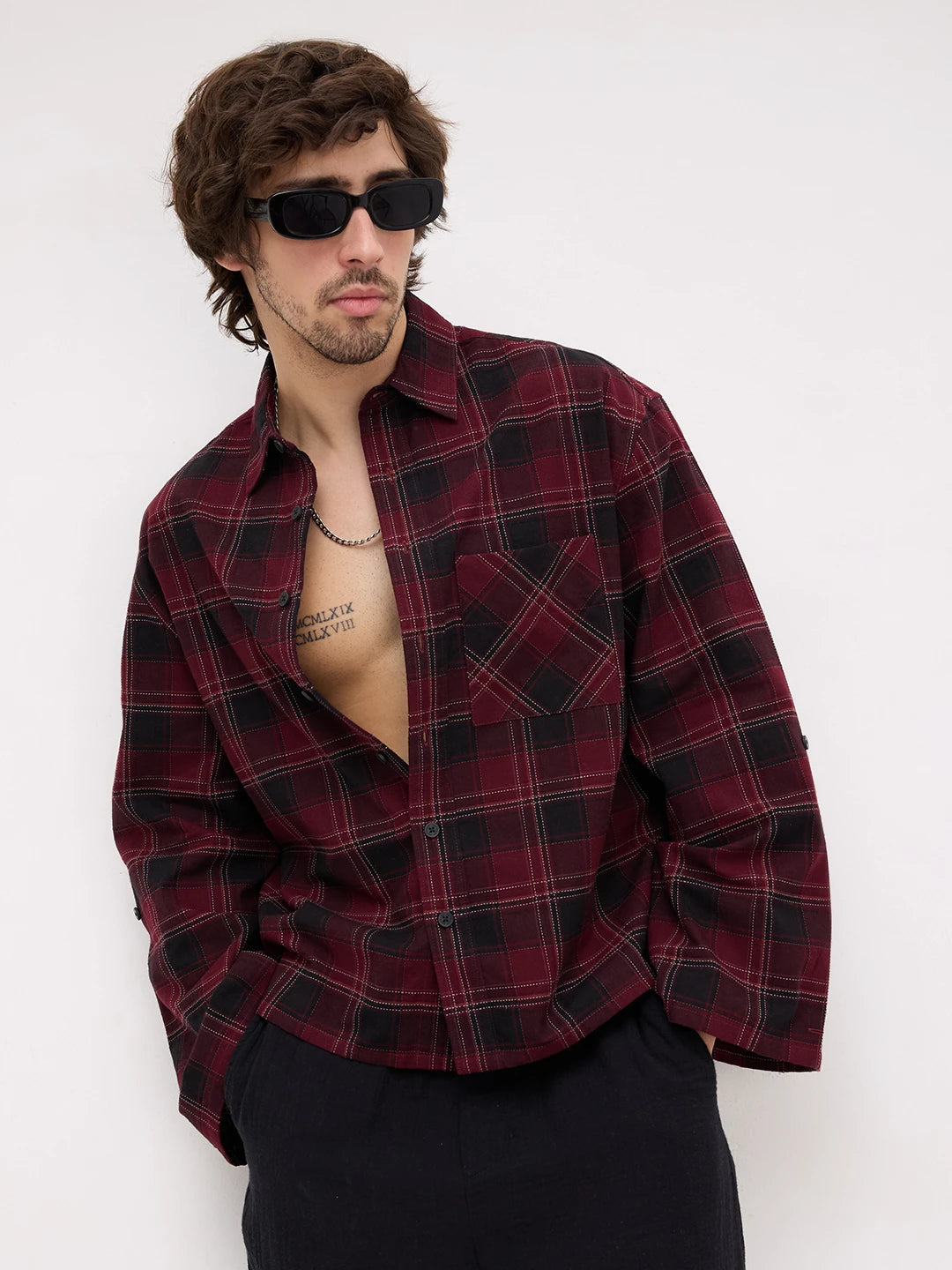 Luxe Blood Red Multi-Line Square Checks Cuffless Oversized Crop Shirt