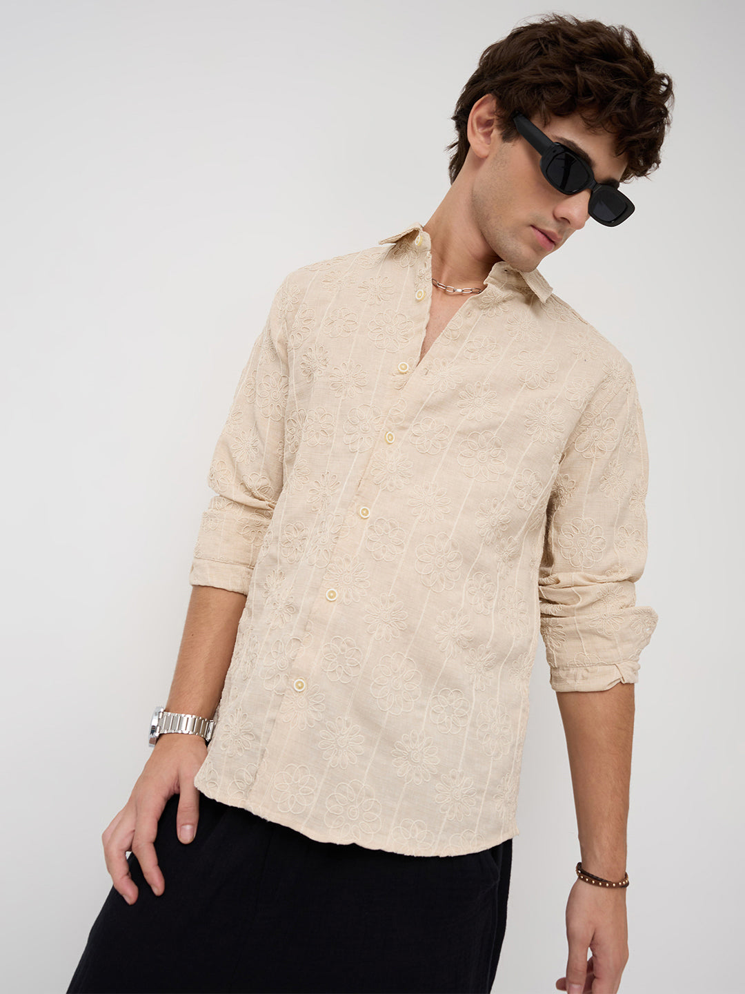 Serene Whispering Bloom Bisque Beige Embroidered Shirt