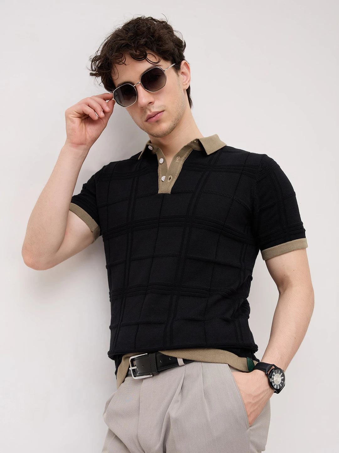 Black Windowpane Textured Contrast Polo Flat Knit T-Shirt