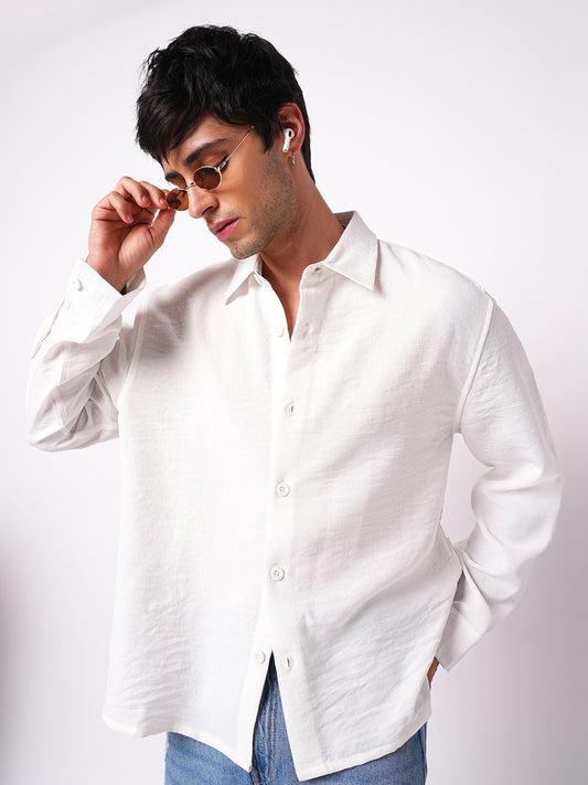 Snow White Crinkled Side-Slit Oversized Crop Shirt