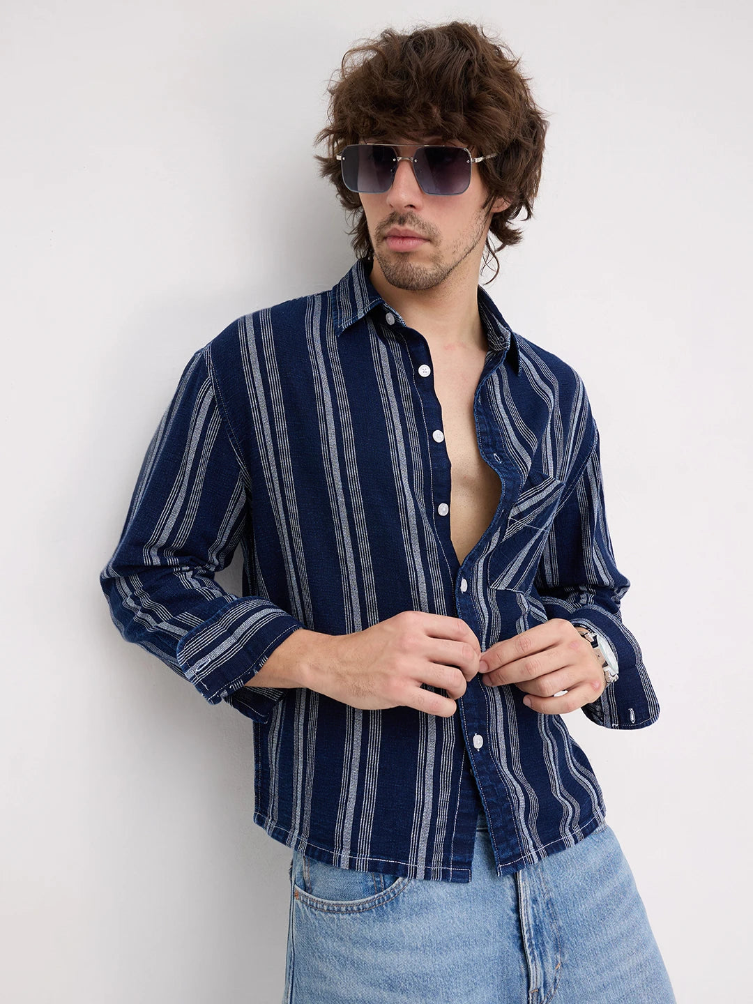 Artisan Midnight Navy Striped Denim Boxy Fit Crop Shirt