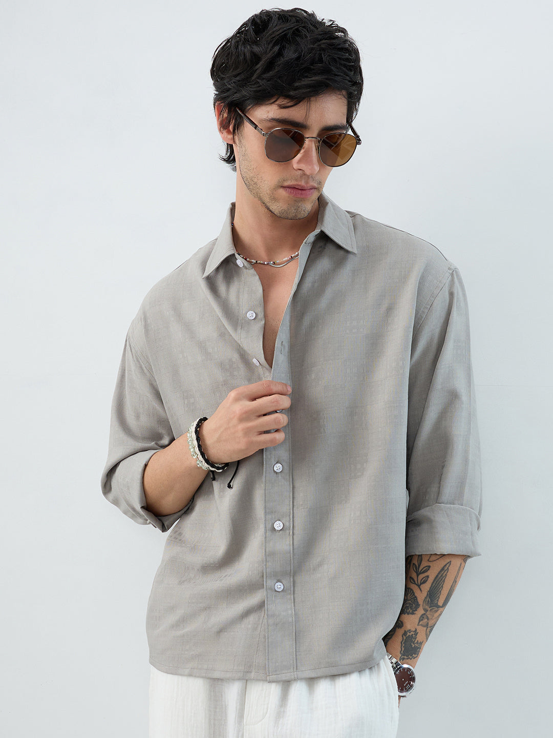 Grey Soft Grid Textured Boxy Fit Crop Shirt
