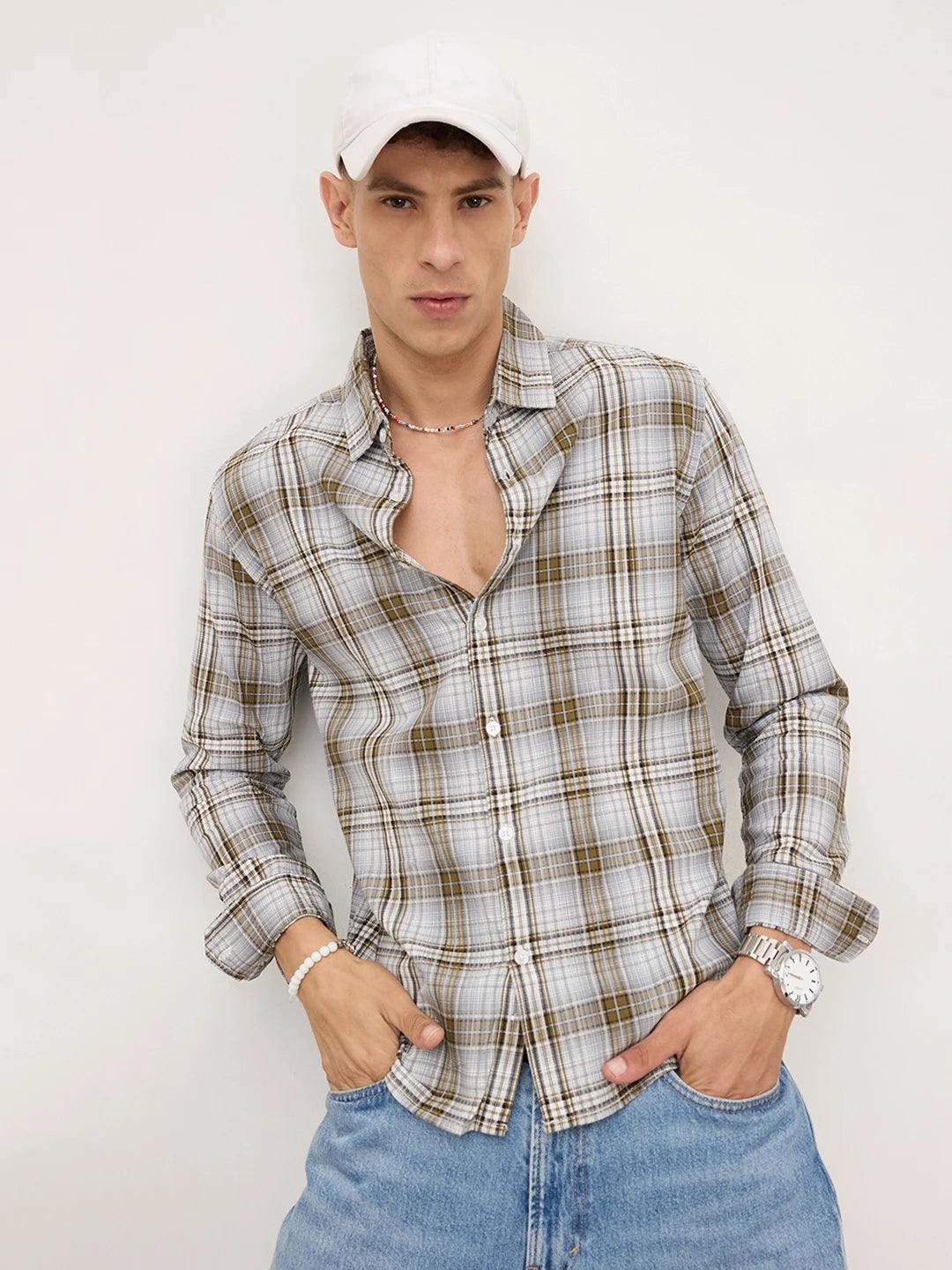 Olive & Grey Fine Striped Plaid Checks Shirt
