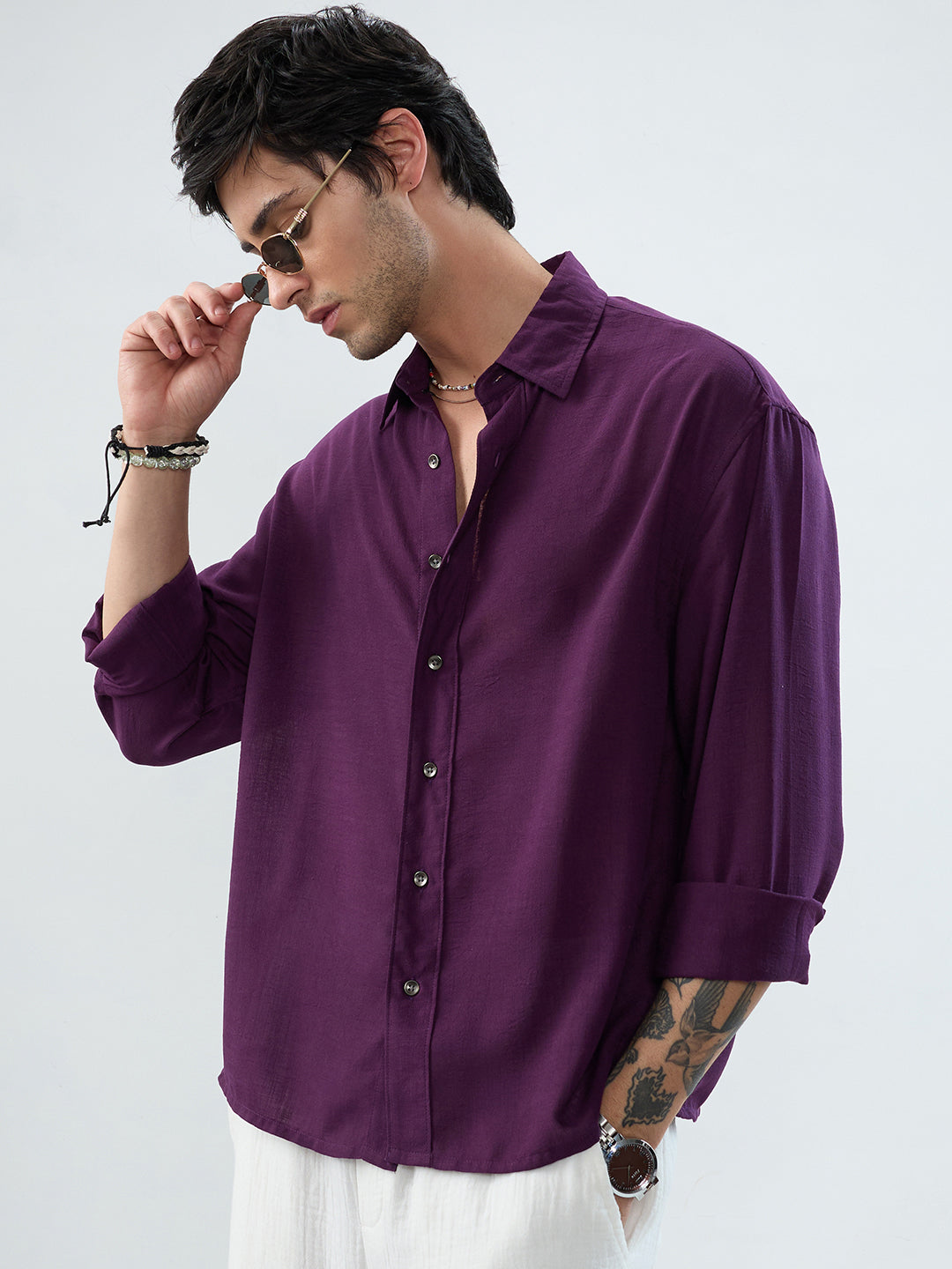 Majestic Purple Soft Sheer Boxy Fit Crop Shirt
