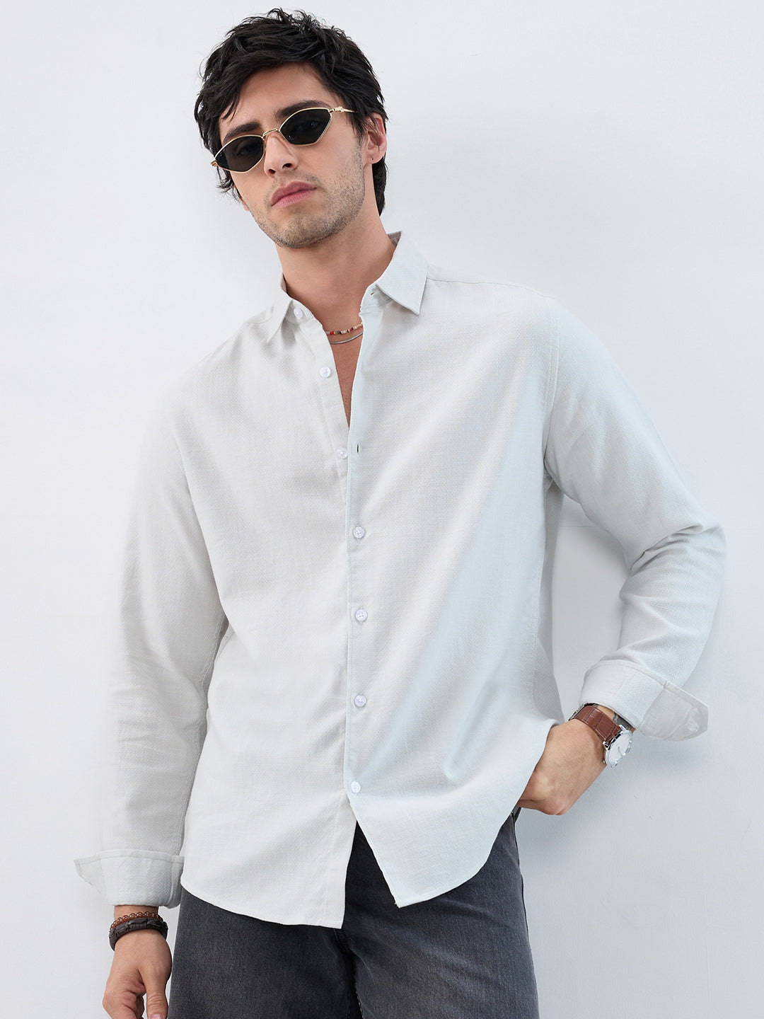 Mint Mist Green Micro-Weave Jacquard Shirt