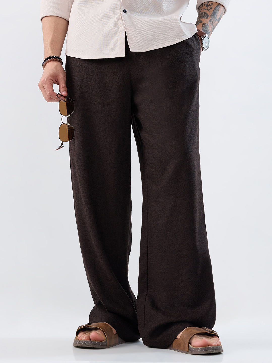Brown Linen Blend Motif Printed Wide-Leg Trousers