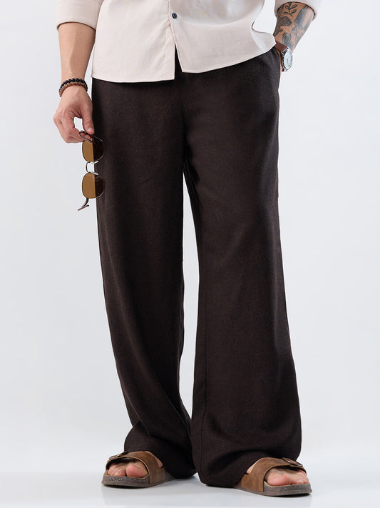 Brown Linen Blend Motif Printed Wide-Leg Trousers