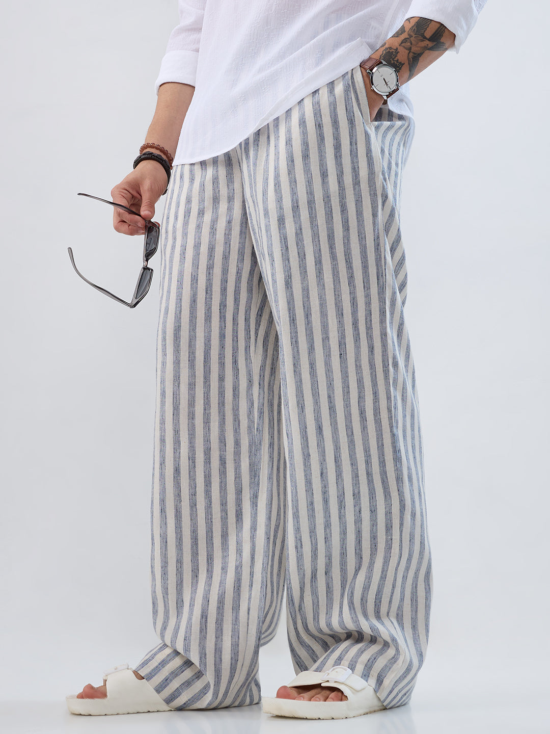 White & Navy Linen Blend Wide-Leg Trousers