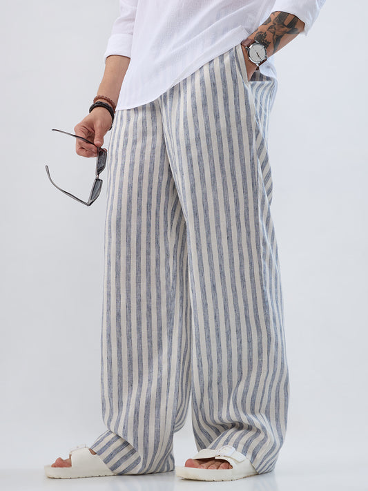 White & Navy Linen Blend Wide-Leg Trousers