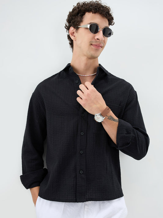 Deep Black Grid Jacquard Weave Boxy Fit Crop Shirt