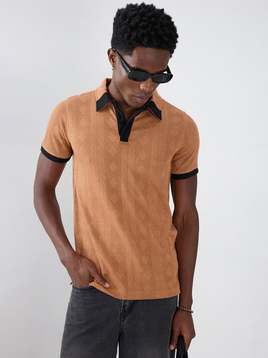 Warm Brown Diamond Weave Contrast Polo Knit T-shirt