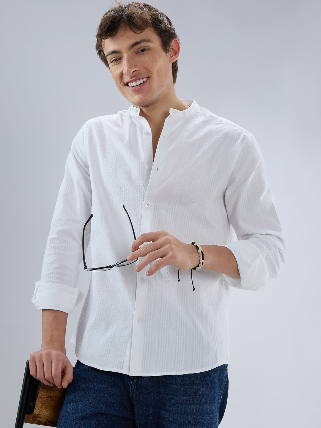 Snow White Seersucker Striped Mandarin Shirt