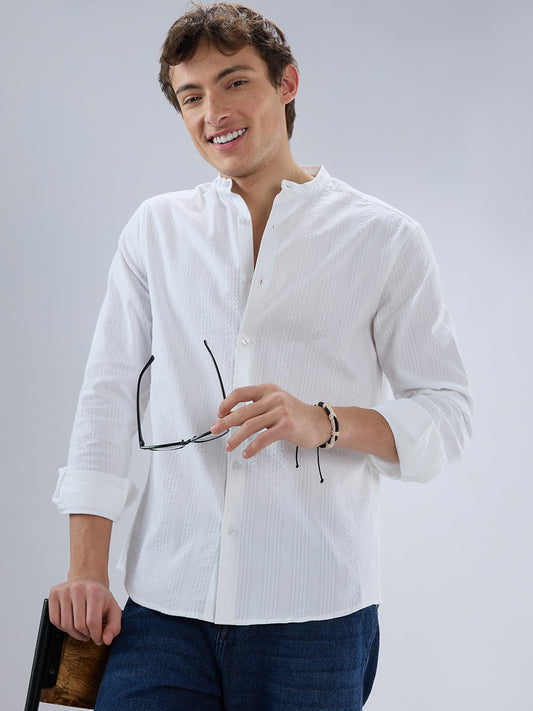 Snow White Seersucker Striped Mandarin Shirt