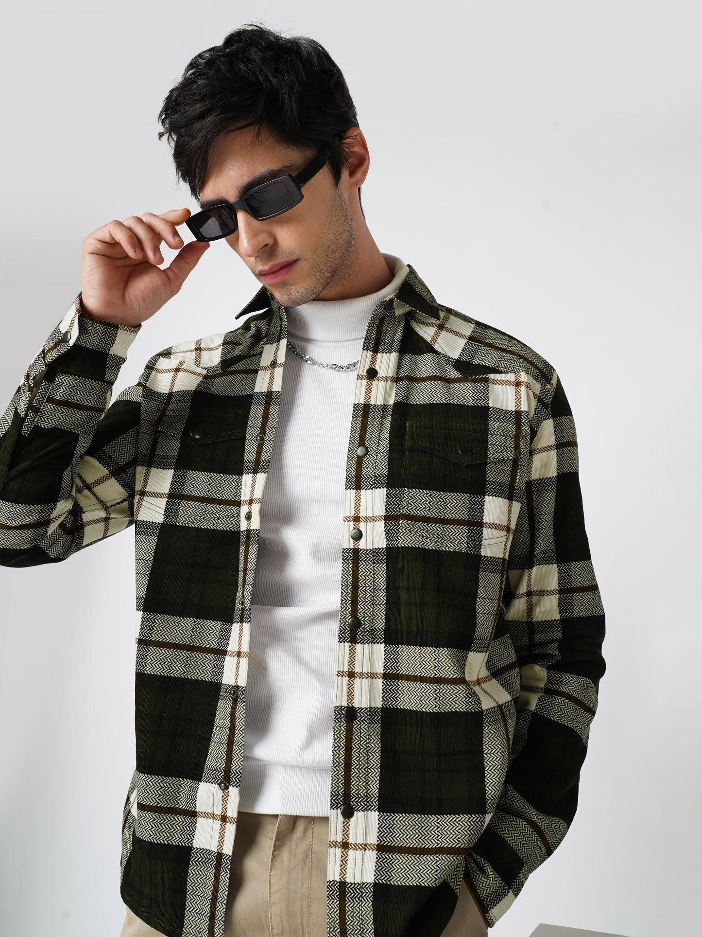 Brown & White Herringbone Weave Checked Corduroy Shirt