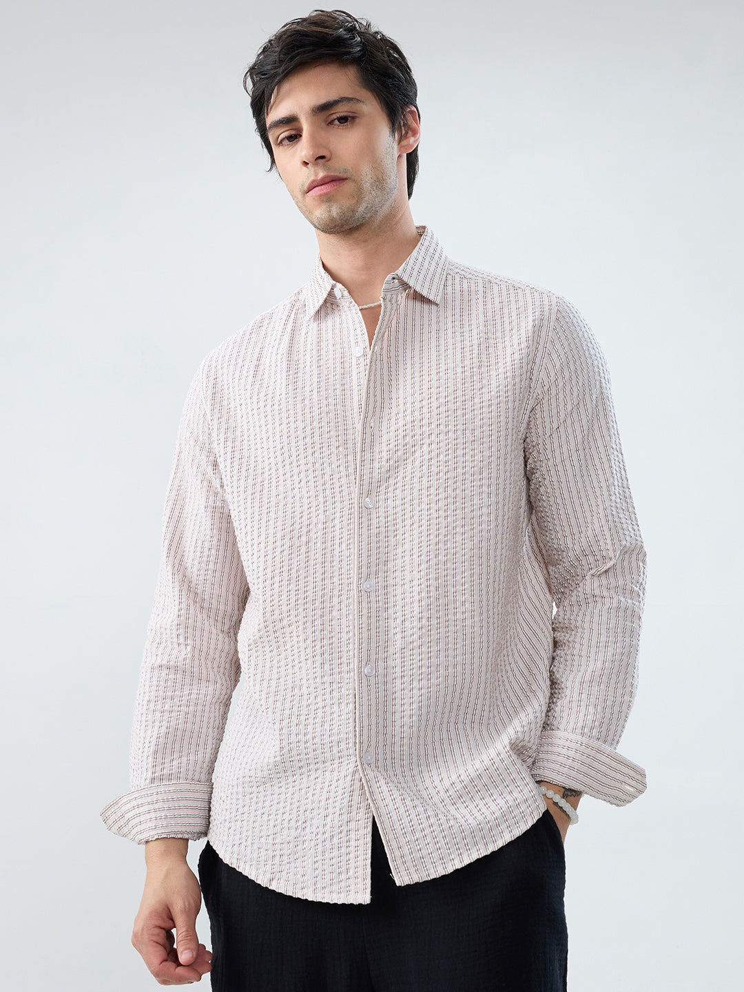 Neutral Tone Fine Stripe Seersucker Shirt