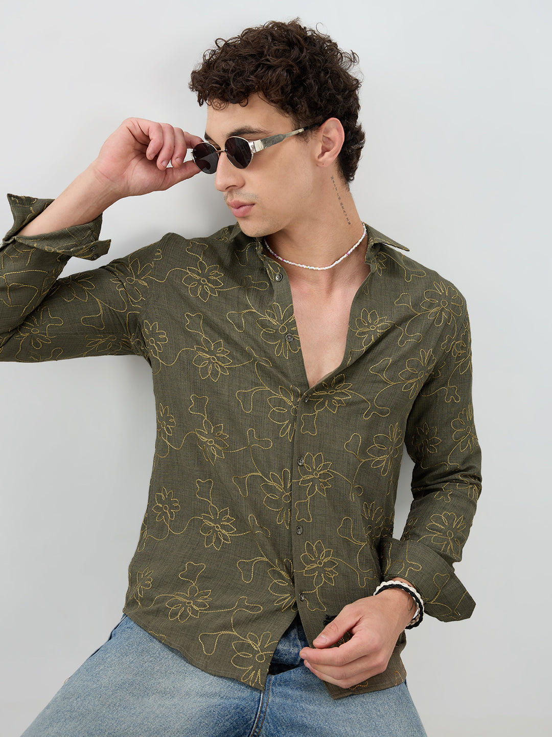Olive Slub Textured Floral Contrast Embroidered Shirt