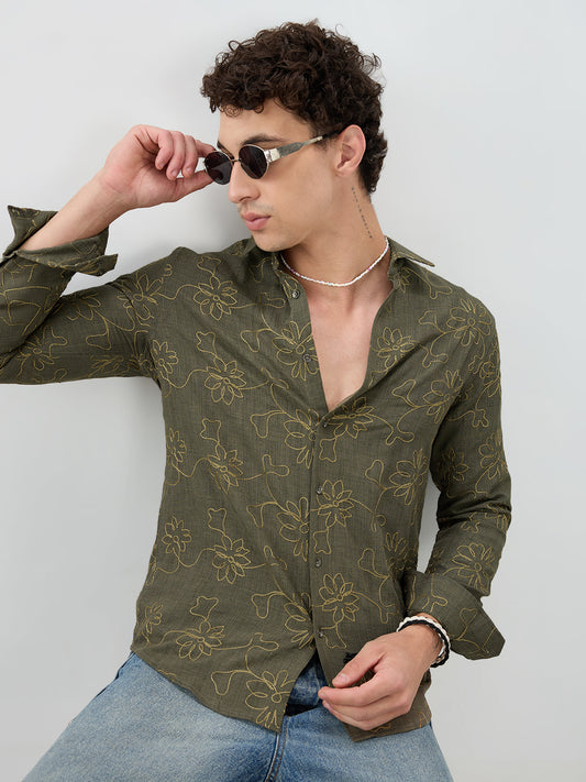 Olive Slub Textured Floral Contrast Embroidered Shirt