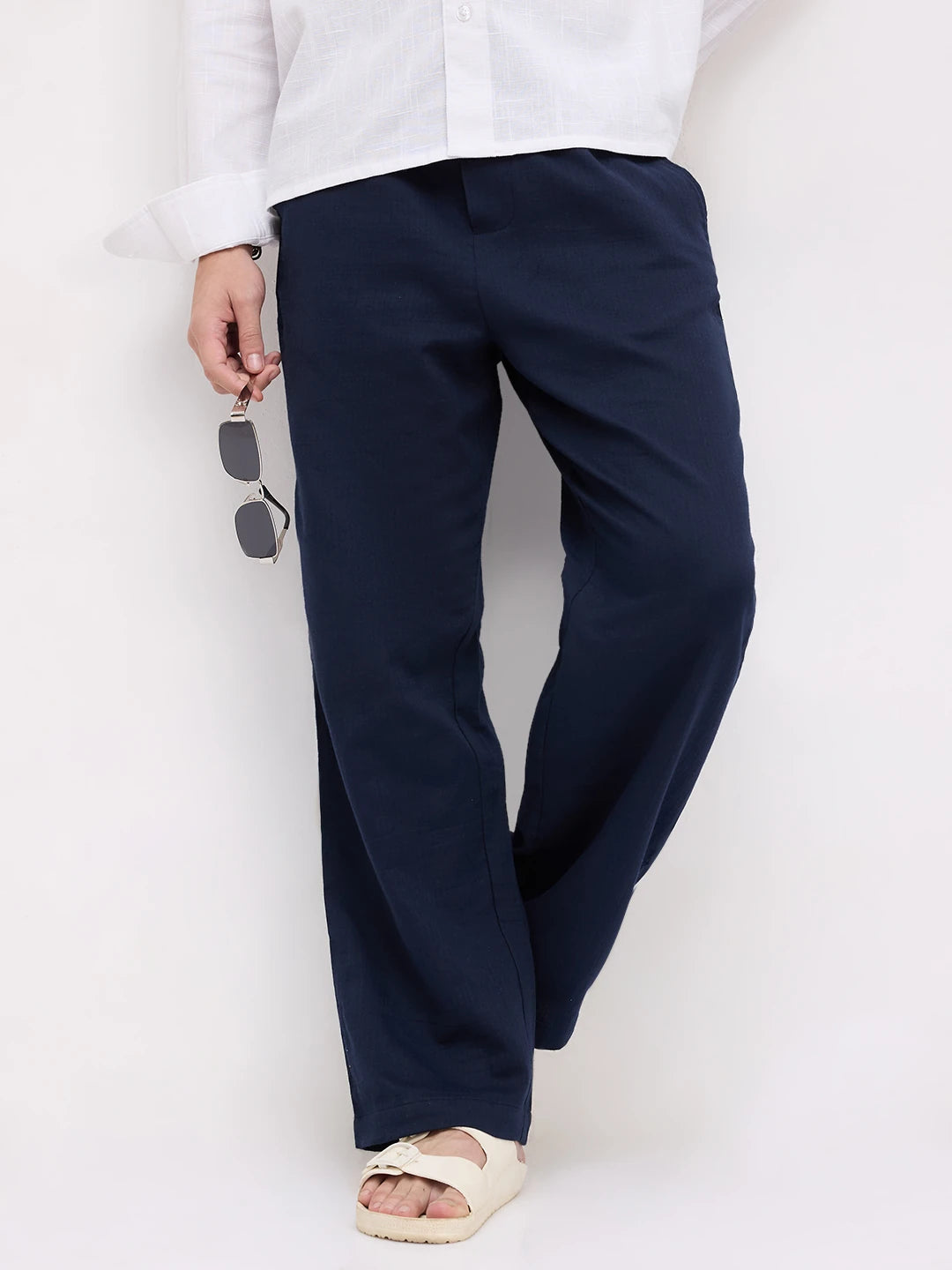Navy Herringbone Textured Straight Fit Trousers