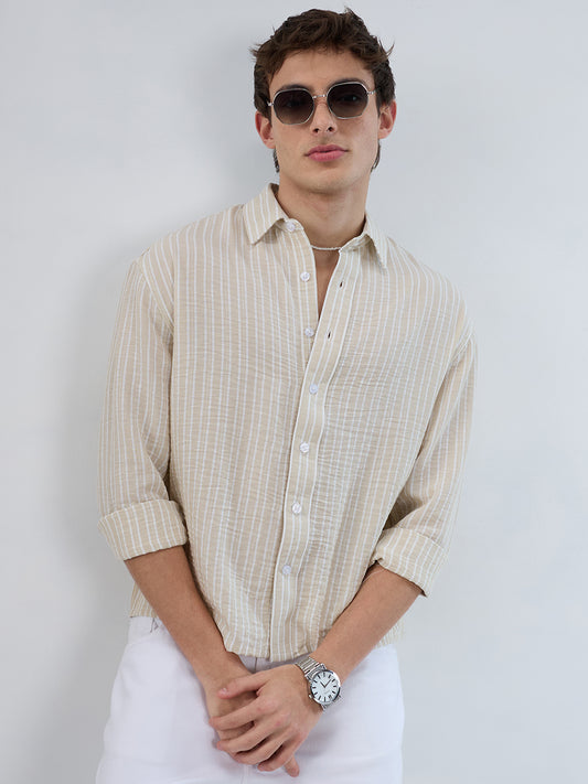 Beige Vertical Striped Crinkled Boxy Fit Crop Shirt