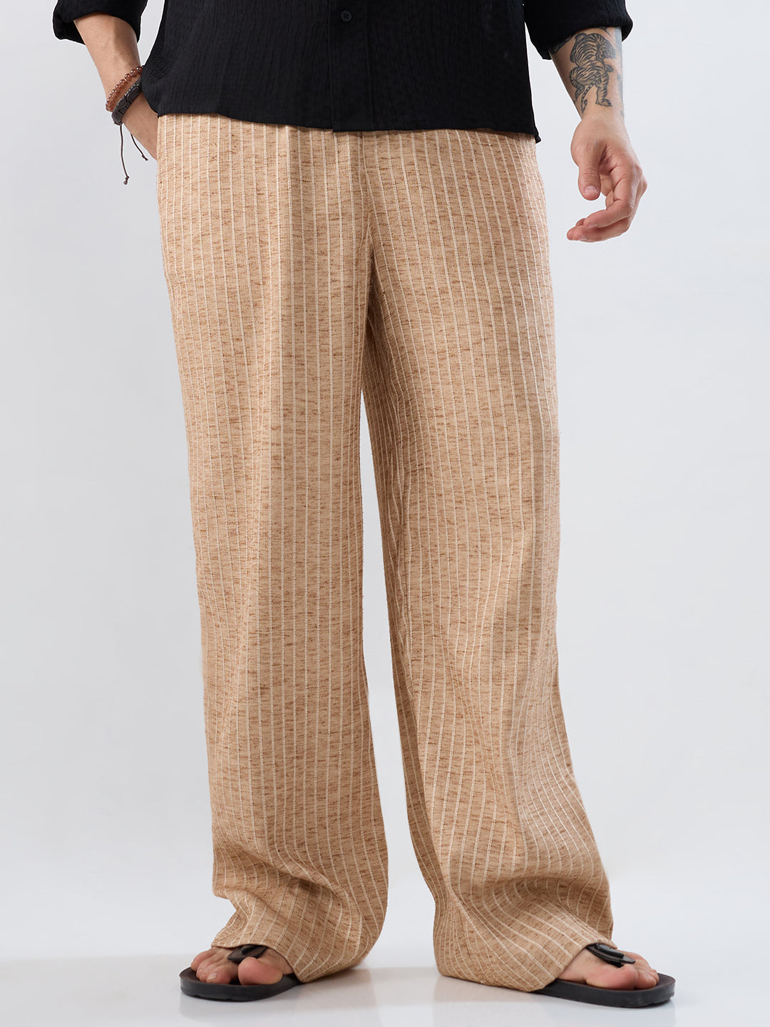Beige Pinstripe Wide-Leg Trousers