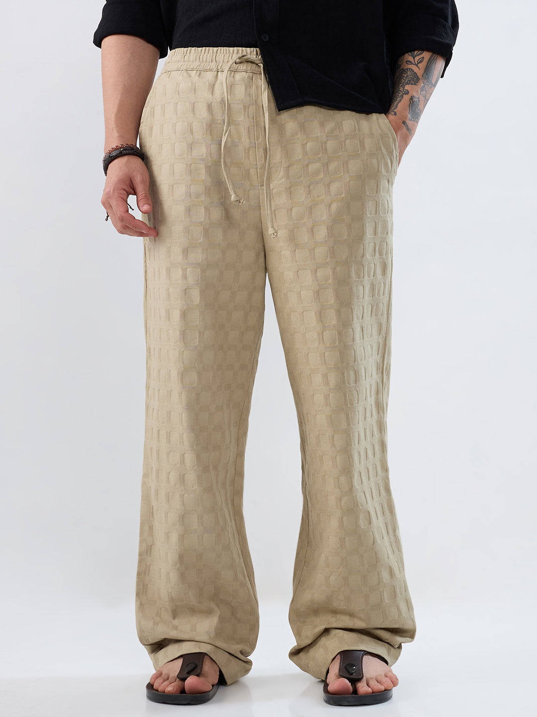 Light Khaki Square Emboss Straight-Fit Trousers